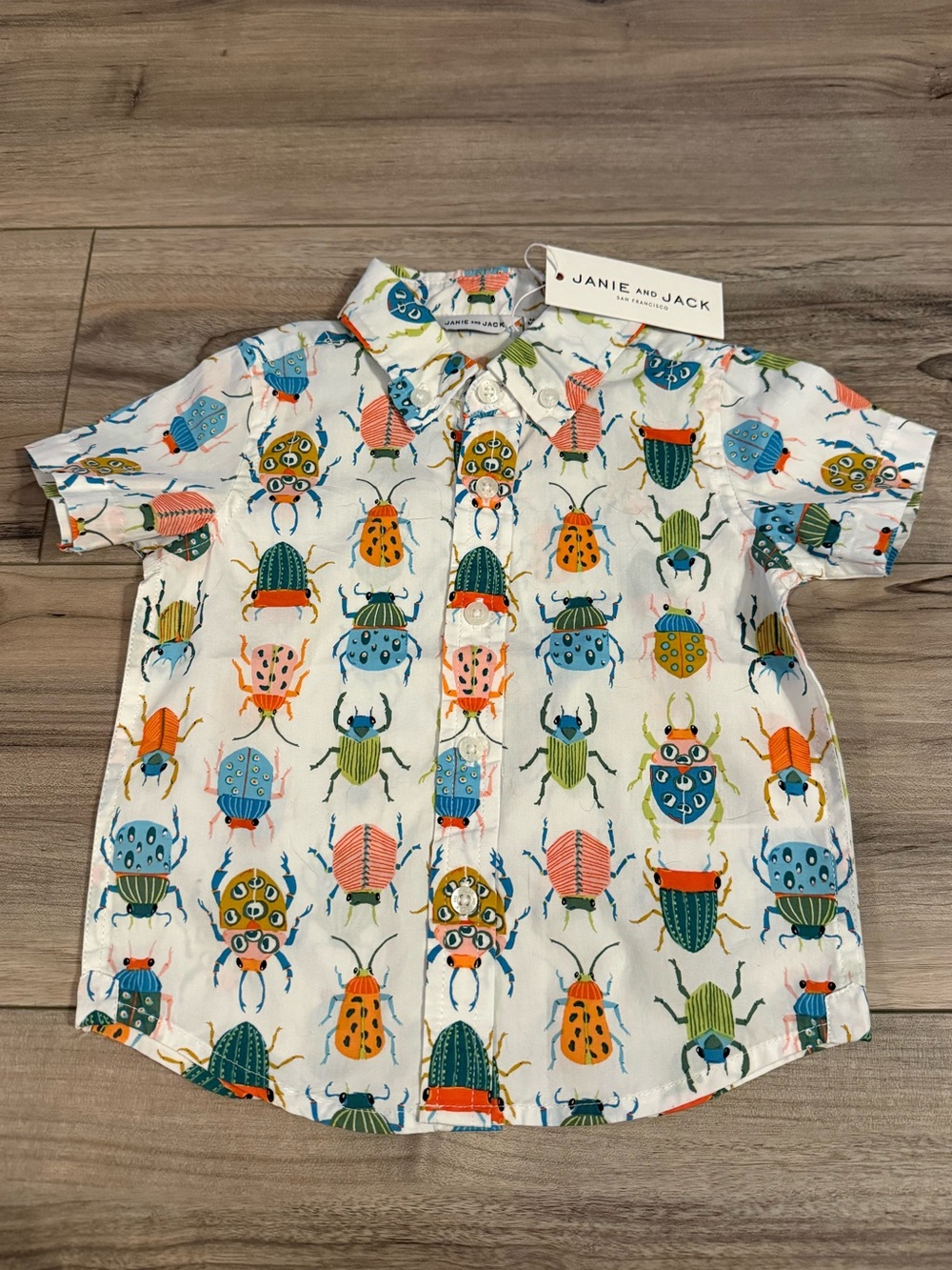 Janie and Jack White Short Sleeve Shirt with Colorful Beetle Print Size 12-18m